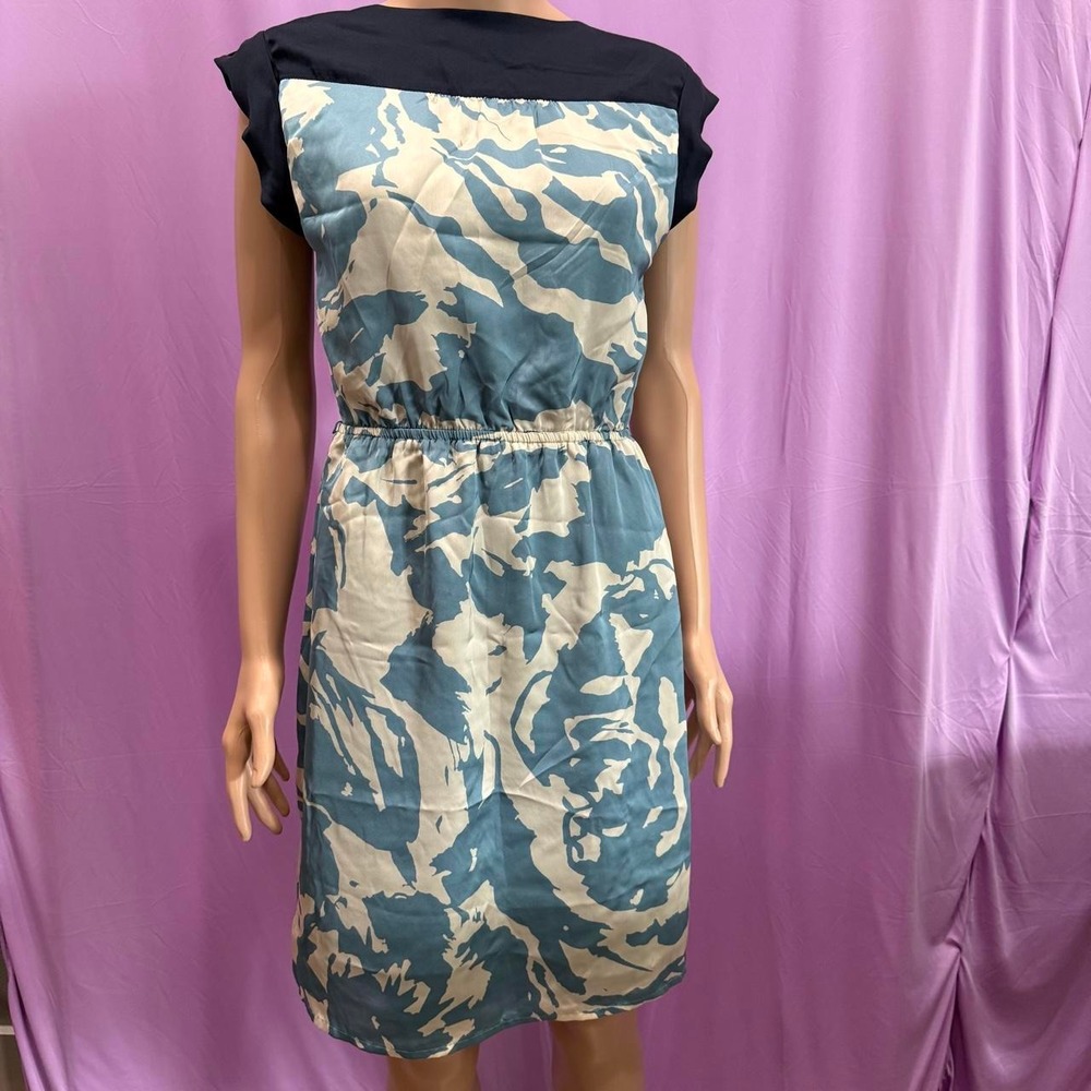 The Limited Blue White Camo Print Dress Navy Trim Button Detail Small